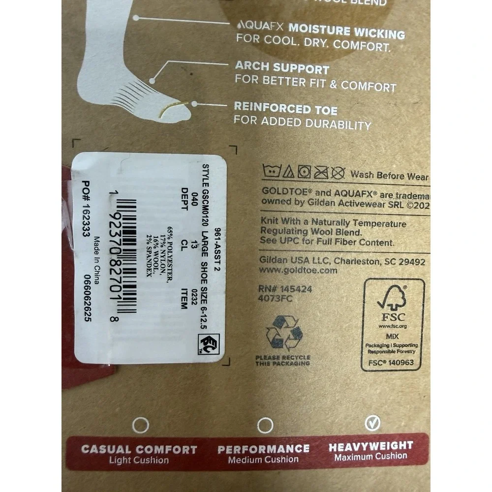 Gold Toe Signature Heavyweight Boot Socks Merino Wool Blend 2 Pair Size 6-12.5